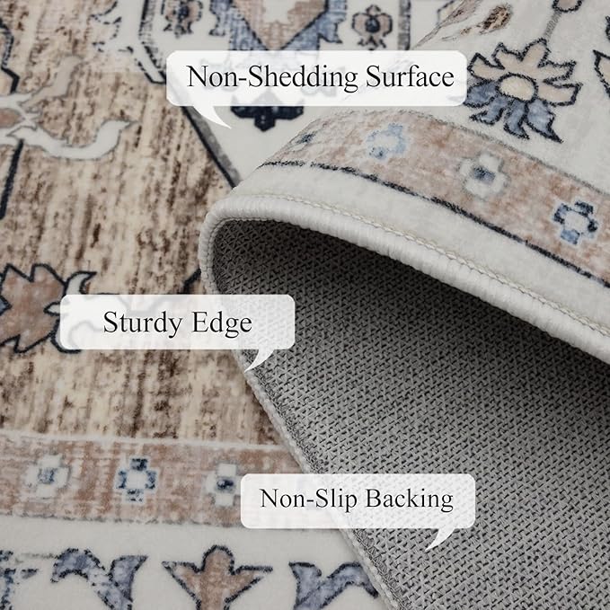 9x12 Area Rug Living Room Rugs, Stain Resistant Washable Rug, Vintage Large Non-Slip Backing, Low Pile Lightweight Print Rug for Bedroom Dinning Room Home Office (Taupe/Blue)