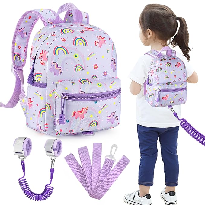 Accmor Toddler Backpack Leash, Cute Unicorn Baby Backpacks with Anti Lost Wrist Link, Mini Kids Backpack Leash Walking Harness for Outdoor Travel, Adorable Backpack Tether for Boys Girls 1-3 (Purple)