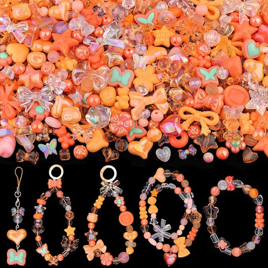 Assorted 170-230PCS Orange Acrylic Beads for Bracelet Making, Flower Bow Butterfly Candy GummyBear Aesthetic Bracelet Charms,Cute Beads for Jewelry Making DIY Necklace Keychain Phone Charm