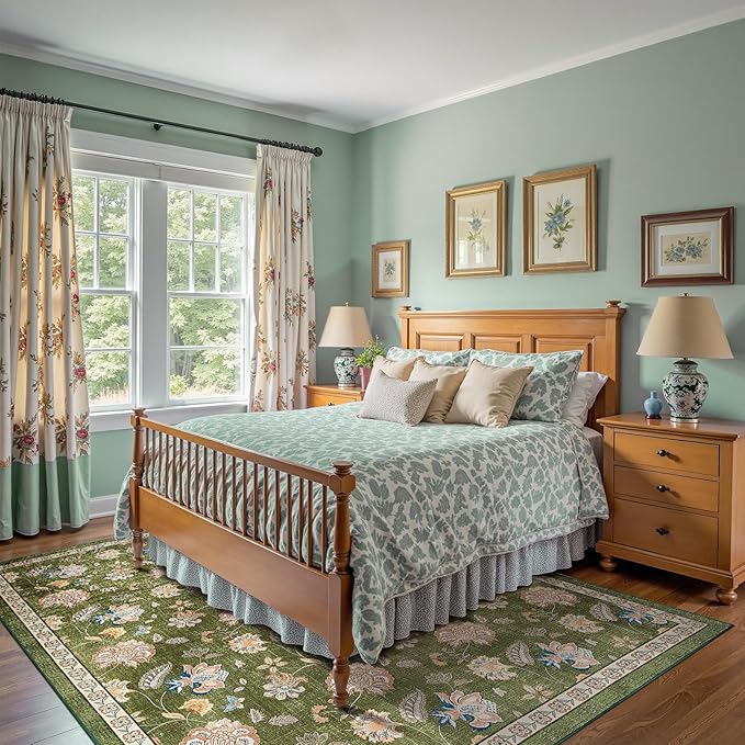 jinchan 8x10 Floral Rug for Living Room Washable Bedroom Rug Vintage Romance Design Non Slip Thin Indoor Floor Cover Large Low-Profile Throw Carpet for Dining Room Office, Green