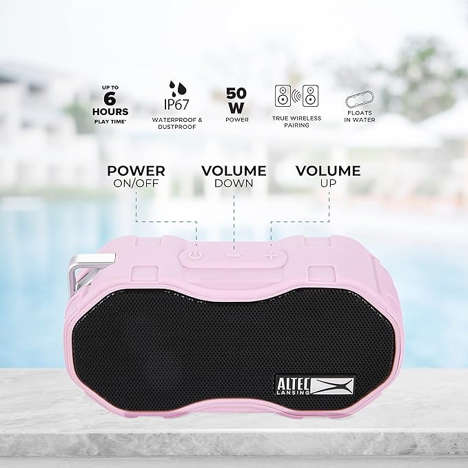 Altec Lansing Baby Boom XL - Waterproof Bluetooth Speaker, Wireless & Portable Speaker for Travel & Outdoor Use, Deep Bass & Loud Sound, 1 Pack, Pink