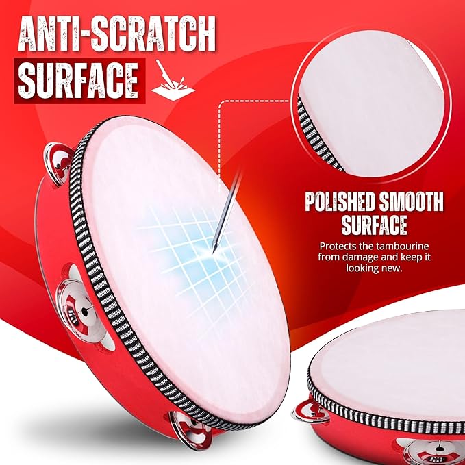 Flexzion Wooden Round Tambourine for Kids and Adults 10" Inch Single Row 8 Pair Jingles, Red Handheld Percussion Instrument for Beginner and Professional Tambourine Player