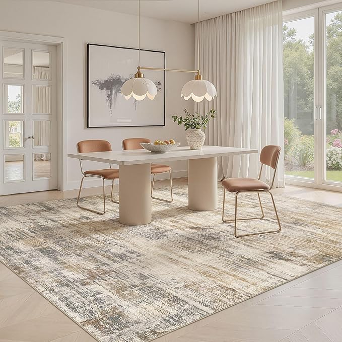 Area Rug for Living Room: 5x7 Thickened Washable Neutral Abstract Modern Soft Rugs Non Slip Indoor Floor Stain Resistant Carpet for Bedroom Dining Room Office Nursery - Golden Brown