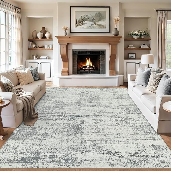 Area Rugs 10x14 Living Room - Washable Rug Modern Abstract Soft Large Neutral Non-Slip Carpet Indoor Floor Thin Carpets for Bedroom Dining Room Farmhouse Nursery Home Office Grey