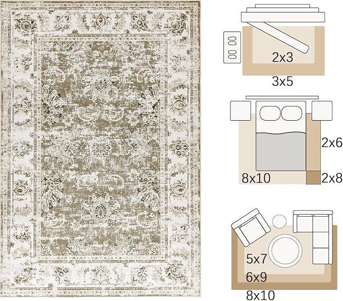 jinchan 9x12 Area Rugs for Living Room - Machine Washable Vintage Floral Distressed Design Stain Resistant Carpet Low Pile Non-Slip Large Rug for Bedroom Dining Room Home Office (9‘x12',Taupe)