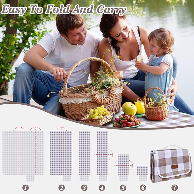 80"x60" Waterproof Sandproof Picnic Mat - Portable Foldable Outdoor Blanket for Beach, Park, Travel & Indoor Use - Lightweight Compact Design, Easy-Carry (Light Brown)