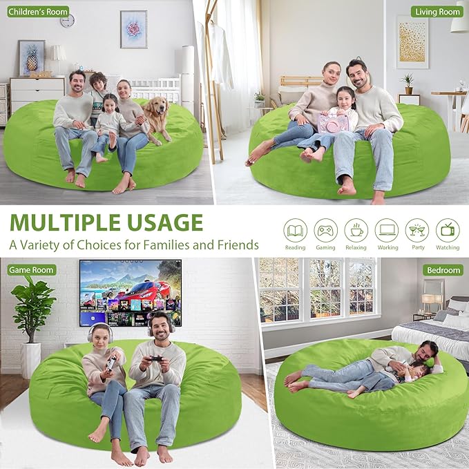 7FT Bean Bag Chair, Large Bean Bag Chairs with Memory Foam Filled, Fluffy Beanbag Sofa with Dutch Velvet Cover, Round BeanBag Chairs for Living Room, Playroom - Lime