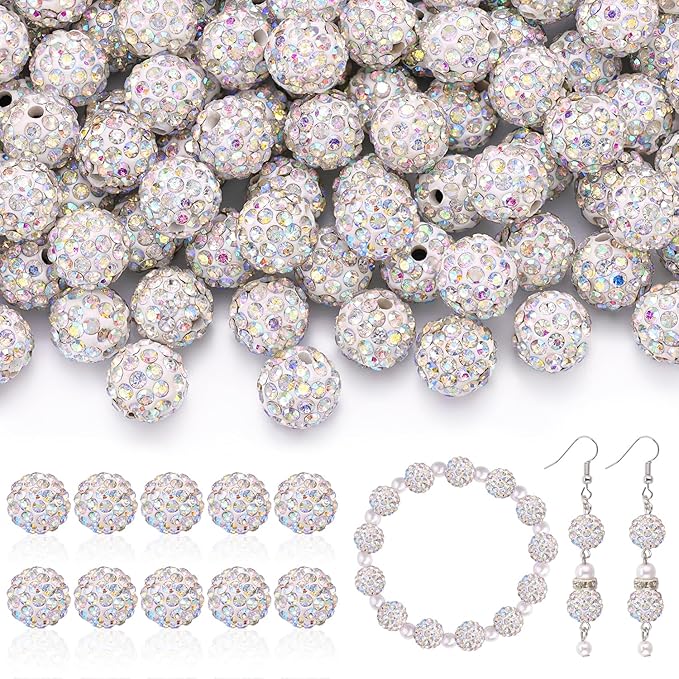 200pcs 10mm Rhinestone Beads for Jewelry Making, Crystal AB Shiny Round Disco Ball Beads Bulk, Sparkle Crystal Clay Christmas for Bracelet Baseball Necklace Earring Crafting and DIY