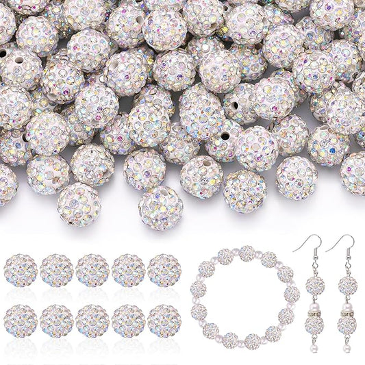 200pcs 10mm Rhinestone Beads for Jewelry Making, Crystal AB Shiny Round Disco Ball Beads Bulk, Sparkle Crystal Clay Christmas for Bracelet Baseball Necklace Earring Crafting and DIY