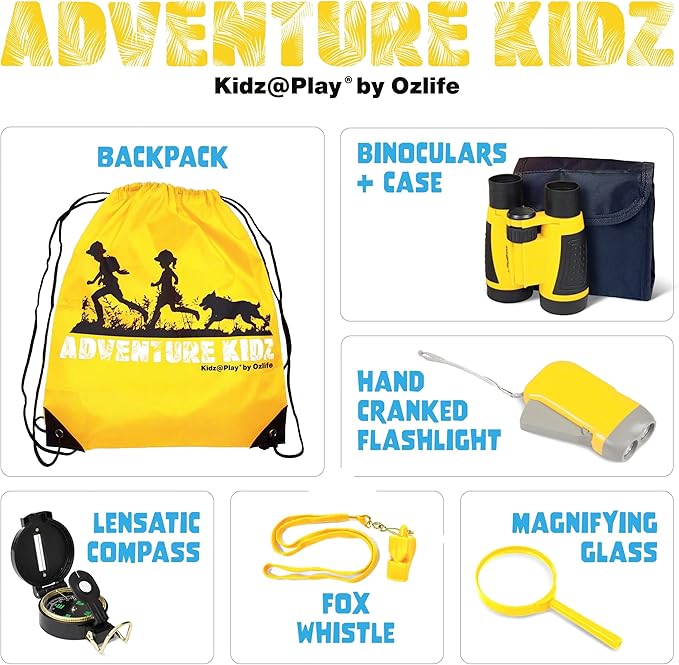 Adventure Kidz Outdoor Exploration Kit, Children’s Binoculars, Flashlight, Compass, Fox Whistle, Magnifying Glass, Backpack. Great Gift Set for STEM, Pretend Play, Ages 3+ Boys Girls