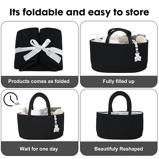 Baby Diaper Caddy Organizer for Girl Boy Cotton Rope Nursery Storage Bin Basket Portable Holder Tote Bag for Changing Table Car Travel Baby Shower Gifts Newborn Essentials Registry Must Haves Black