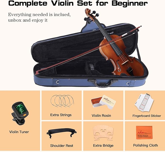 ADM 4/4 Full Size Wood Violin Set for Kids Teens Students Adults Beginner Acoustic Violin Matte Fiddle Starter Kit with Hard Case, Rosin, Shoulder Rest, Bow, Clip-on Tuner and Fingerboard Sticker