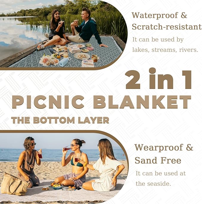 Genovega 2 in 1 Extra Large Outdoor Picnic Blanket Waterproof Woven Boho Mat Giant Beach Towel Travel Essential Yoga Accessories Park Patio Lawn Garden Grass Ground Music Festival Concert Must Have