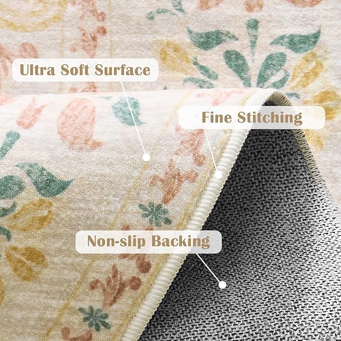 jinchan Round Rug 5ft Area Rugs Vintage Floral Distressed Design,Machine Washable Soft Non-Slip Low-Pile Ultra-Thin Circle Rug for Entryway Living Room Dining Room Bedroom (5' Round,Apricot Multi)