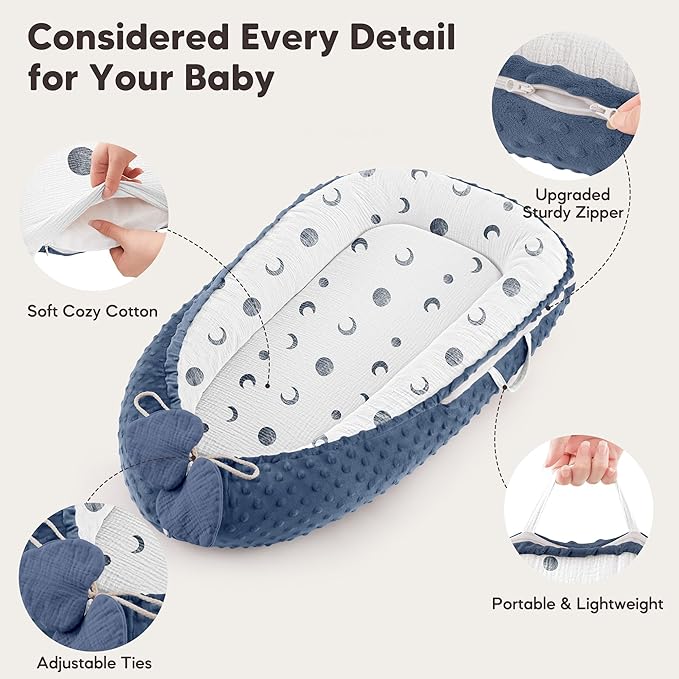 Baby Lounger - Infant Lounger Pillow for Newborn 0-24 Months, Soft, Breathable & Portable Baby Lounger Pillow for Boys & Girls, Cozy Baby Floor Seat for Home & Travel (Bluemoon)