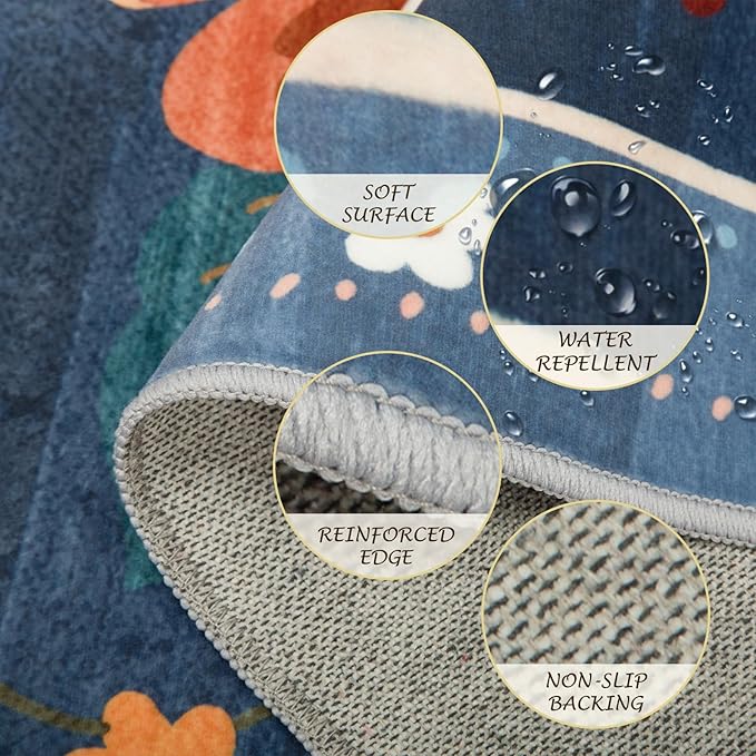 Floral 4x6 Area Rug Machine Washable Soft Print Boho Carpet Non Slip Doormat Low Pile Flower Area Rugs for Living Room Bedroom Nursery Kitchen Dining Room Indoor-Blue/Grey