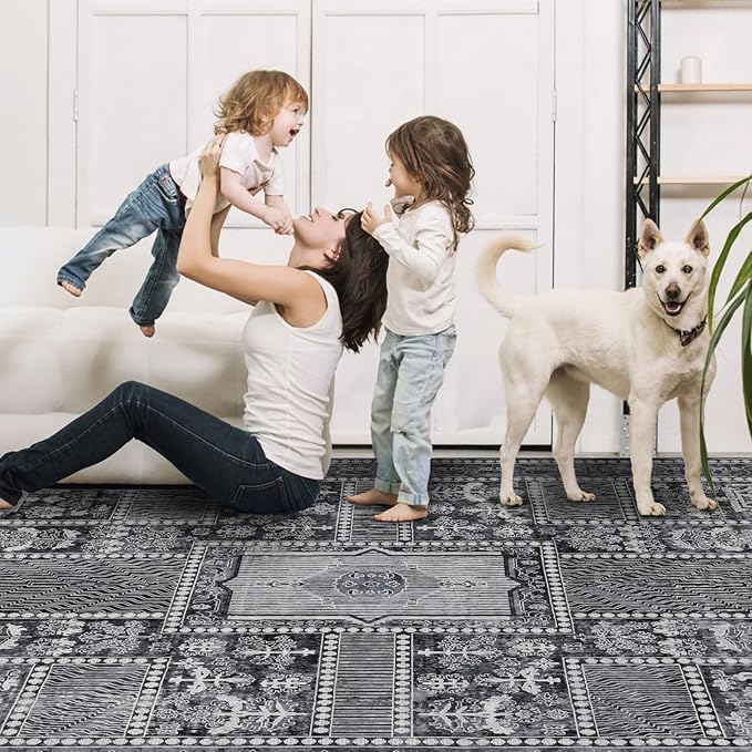 9x12 Area Rug Living Room Rugs, Stain Resistant Washable Rug, Vintage Large Non-Slip Backing, Low Pile Lightweight Print Rug for Bedroom Dinning Room Home Office (Grey)