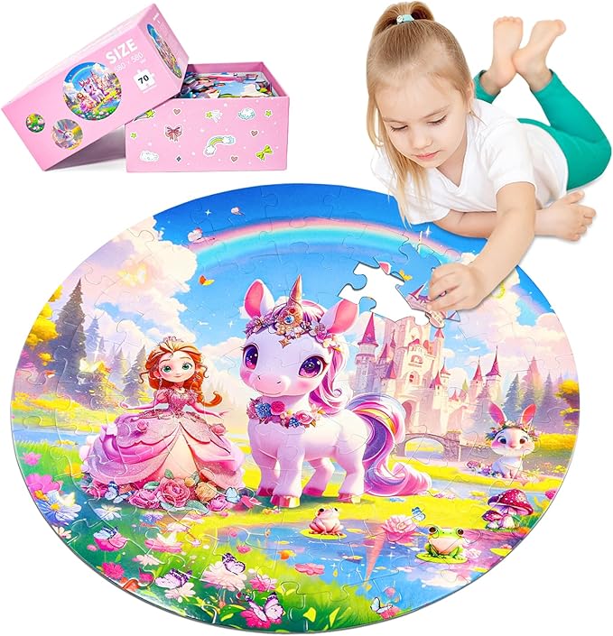 Floor Puzzles for Kids Ages 4-6, 70 Pieces Large Round Unicorn Princess Floor Puzzle Unicorn Jigsaw Puzzle Toy for 3 4 5 6 Toddler Girls - Educational Christmas, Birthday Gift
