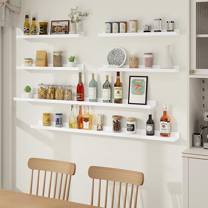 Axeman Picture Ledge Shelf, Floating Shelves for Wall Decor Storage Set of 6, 55 inch Floating Wall Mounted Shelves, Wall Shelves with Lip for Living Room, Bedroom, Nursery, Bathroom, Kitchen, White