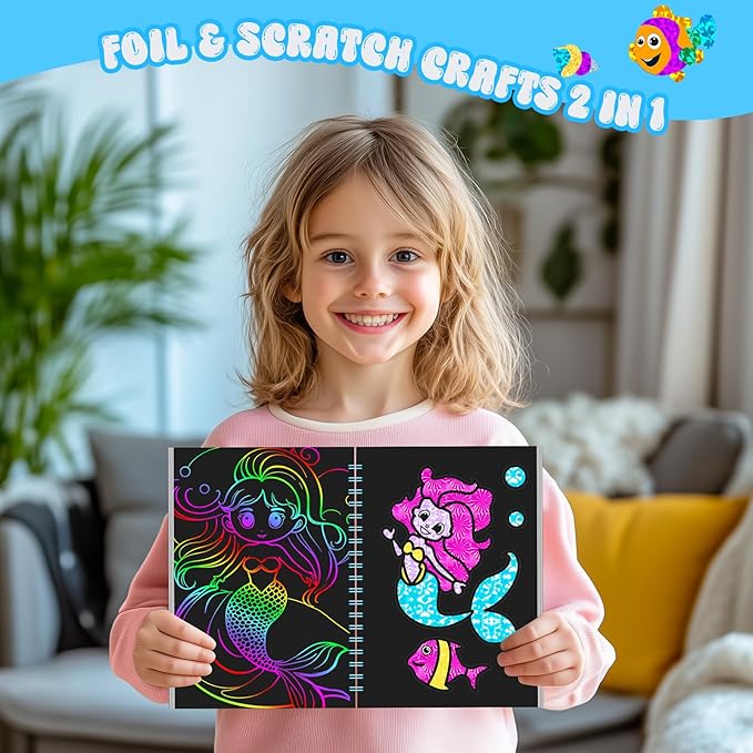 homicozy Art & Craft Activity for Kids - Foil Fun Mermaids & Scratch Art Book 2-in-1, No Mess Art Crafts for Girls,DIY Creative Activity Kit,Gifts for Girls Ages 4, 5, 6, 7, 8, 9, Travel Toys
