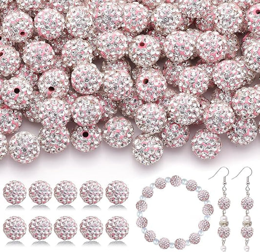 200pcs 10mm Rhinestone Beads for Jewelry Making, Pink White Shiny Round Disco Ball Beads Bulk, Sparkle Crystal Clay Christmas for Bracelet Baseball Necklace Earring Crafting and DIY