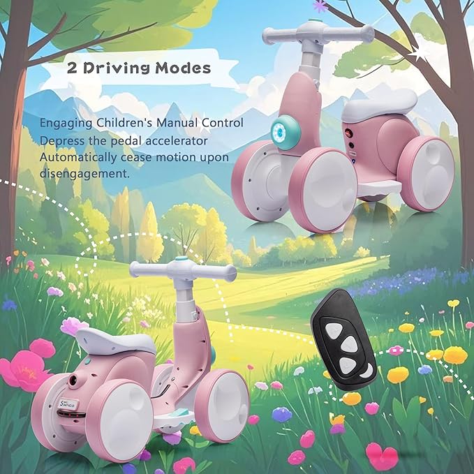 6V Electric Baby Balance Bike for 1 Year Old Boys Girls Ride on Toys 12-48 Months Toddler Balance Bike, 4 Wheels Kids First Bike with Remote Control First Birthday Gifts- Pink