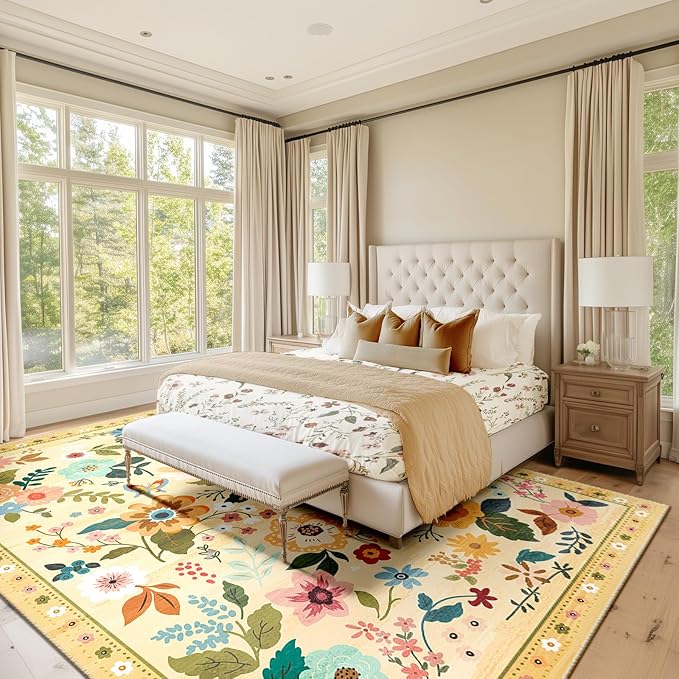 Floral 9x12 Area Rug Machine Washable Soft Print Boho Carpet Non Slip Doormat Low Pile Flower Area Rugs for Living Room Bedroom Nursery Kitchen Dining Room Indoor-Ivory/Yellow