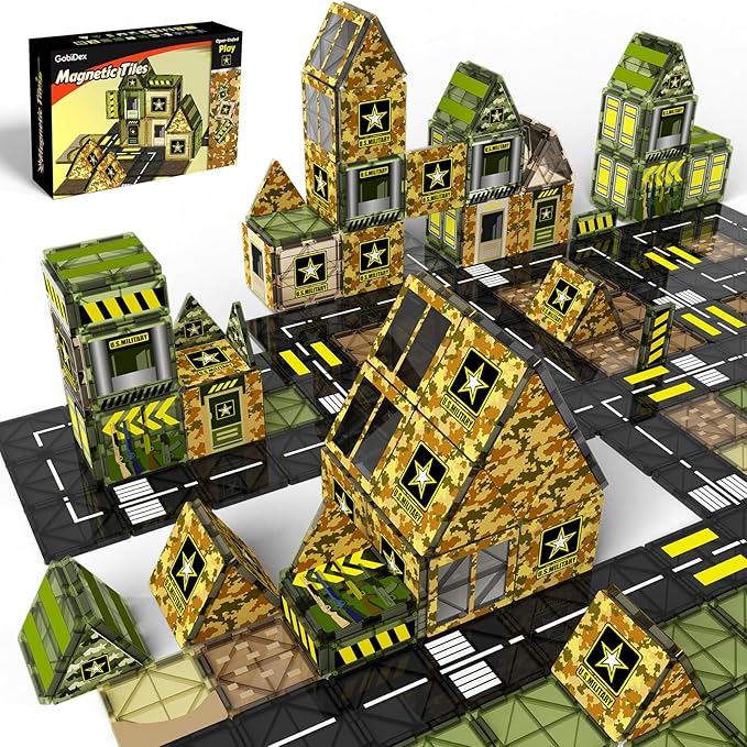 GobiDex Magnetic Tiles Army Toys, STEM Military Magnetic Building Blocks for Toddler Kids Ages 3-5 4-8, Sensory Magnet Construction Toys Birthday Gifts for 3+ Year Old Boys & Girls Army Men Playset