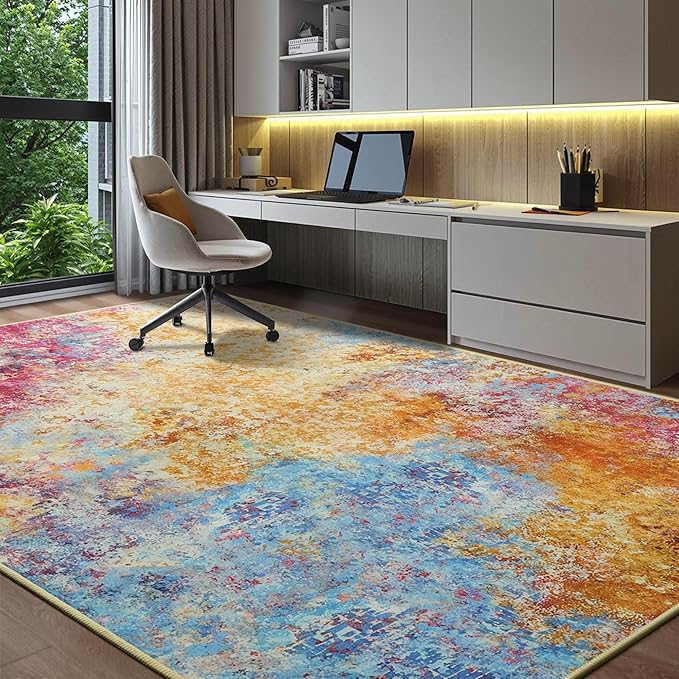 Kelarea Living Room Rug, 4x6 Modern Abstract Washable Rugs, Colorful Soft Non Slip Low Pile Carpet, Stain Resistant Rugs for Bedroom, Dining Room, Nursery, Home Office