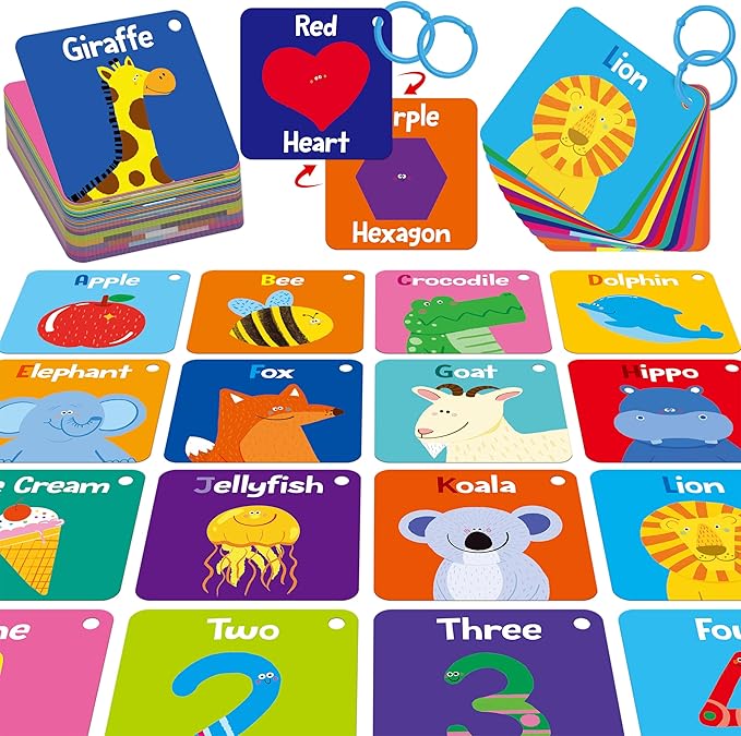 80 PCS Word Flashcards, Double Sided First Word Cards- Alphabet, Numbers, Foods, Animals, CVC Words, Colors & Shapes with 4 Reclosable Rings, Early Learning Tool for Pre-K Kindergarten Toddlers