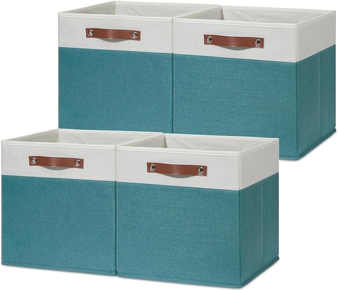 HNZIGE Fabric Storage Bins for Shelves 13x13 Storage Cubes Set Of 4 Foldable Storage Baskets with Handles for Organizing Cloth Closet Toy Nursery(Teal&White)