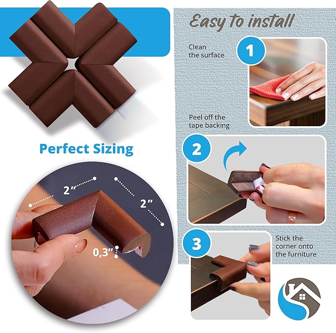 8-Pack Corner Protectors Baby Proof, Furniture Corner and Edge Safety Bumpers, Soft Rubber Foam Cushion Covers, 3M Taped Corner Guards, Baby Child Proofing Pads, Table Corner Protectors, Brown
