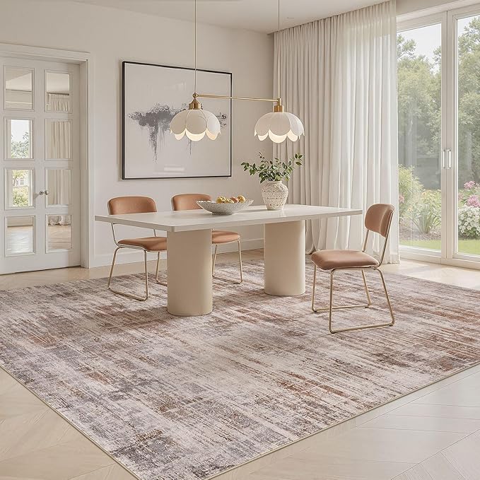Area Rug for Living Room: 10x14 Washable Neutral Abstract Modern Soft Rugs Non Slip Indoor Floor Stain Resistant Large Carpet for Bedroom Dining Room Office Nursery - Red Brown