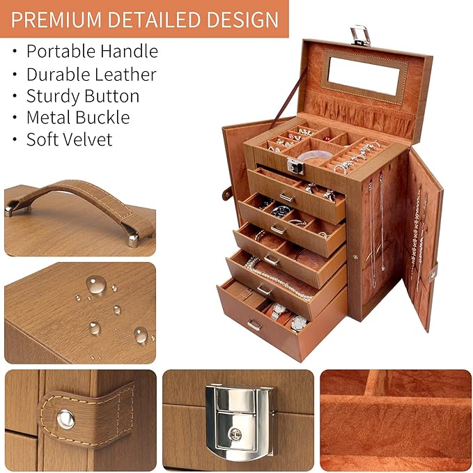 6 Tier Jewelry Box, Jewelry Case with 5 Drawers, Large Storage Capacity, with Mirror, Lockable, Jewelry Storage Organizer, Gift for Loved Ones