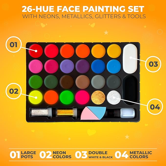 Face Painting Kit for Kids - 26 Colors Face Paint Kit, Non-Toxic and Hypoallergenic, Stencils, Book, and Professional Halloween Makeup Kit - Safe and Easy to Use Face Paint Kit for Kids