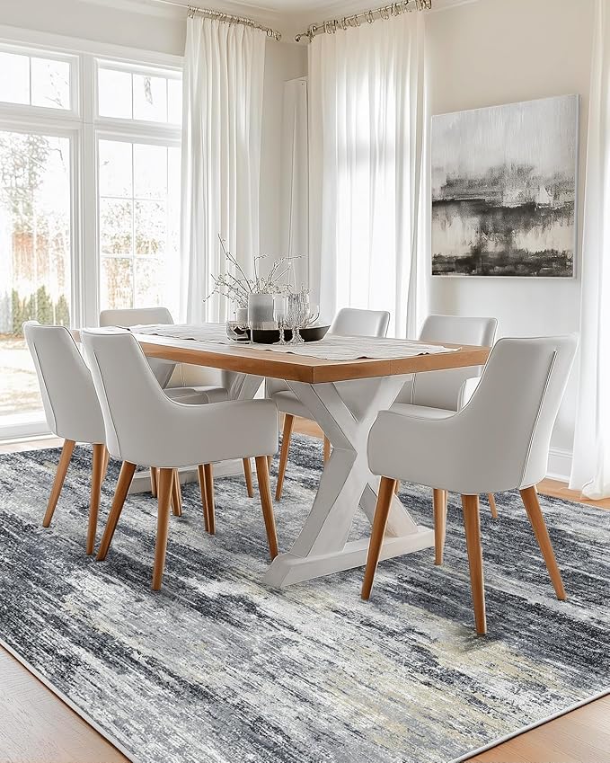 AMADA HOMEFURNISHING 6x9 Washable Area Rug, Modern Abstract Living Room Rug with Non-Slip Backing & Short Pile, Large Rug with Abstract Pattern for Living Room, Bedroom and Dinning Room, Light Grey