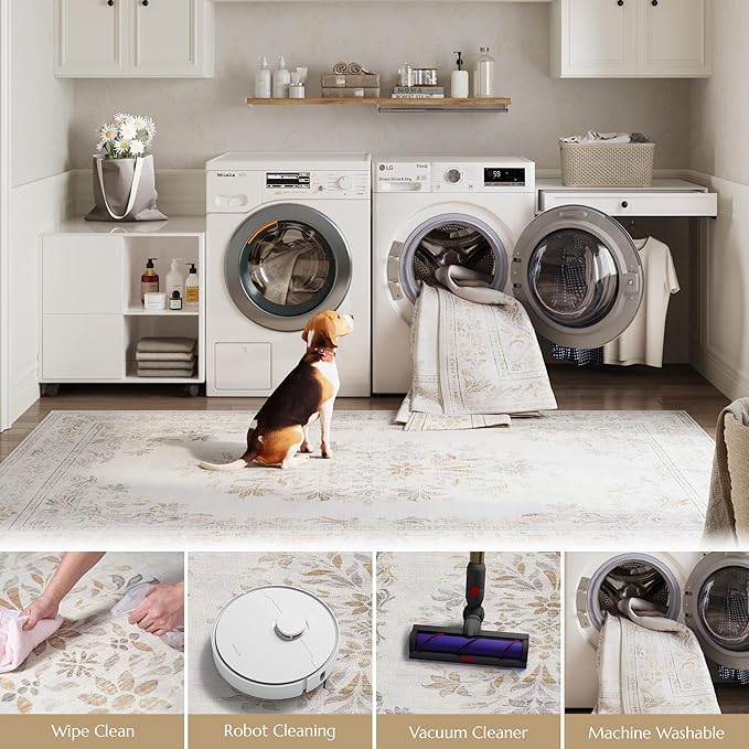 jinchan Vintage Floral Runner Rug 2x5 - Machine Washable Distressed Design Non-Slip Low-Pile Soft Thin Carpet for Hallway Kitchen Farmhouse Bedroom Entryway Laundry Room (2x5ft,Light Grey)