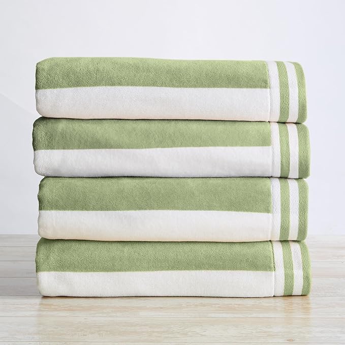 Great Bay Home 100% Cotton Velour 4 Pack Beach Towels 30" x 60" - Green/White Cabana Stripe Pool Towels - Quick Dry, Large Swim Towels