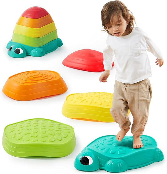 JOYIN 5 Pcs Turtle Balance Stepping Stones, Kids Turtle Path Jumping Stones, Toddler Obstacle Course Coordination Game Toys Indoor or Outdoor Play for Kids Aged 3+