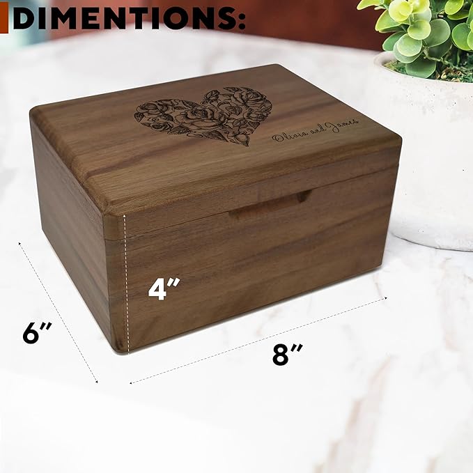 Keepsake Box for Wedding Anniversary - Customized Keepsake Box Engraved Connected Hearts with Names, 5 Years Anniversary, Acacia Wood Decorative Custom Memory Boxes, Surprise Love Message, 8x6x4 in