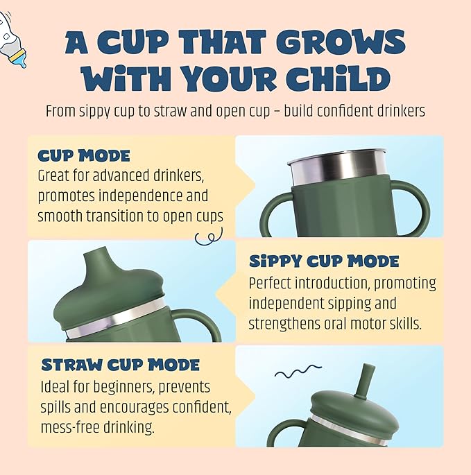 Jumble Dream Baby & Toddler Stainless Steel Sippy Cup Silicon Training Stainless Steel Kids Cups with Straw, Babies Tumbler with Straw No Spill | 6-24 Month Toddler Sippy Cup (Sage Breeze)