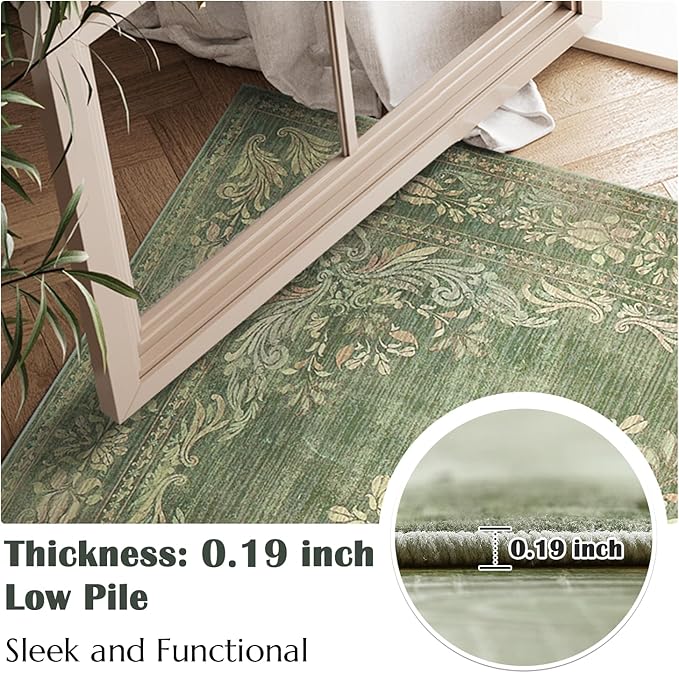 jinchan Vintage Floral Runner Rug 2x6 - Machine Washable Distressed Design Non-Slip Low-Pile Soft Thin Carpet for Hallway Kitchen Farmhouse Bedroom Entryway Laundry Room (2x6ft,Dark Green)