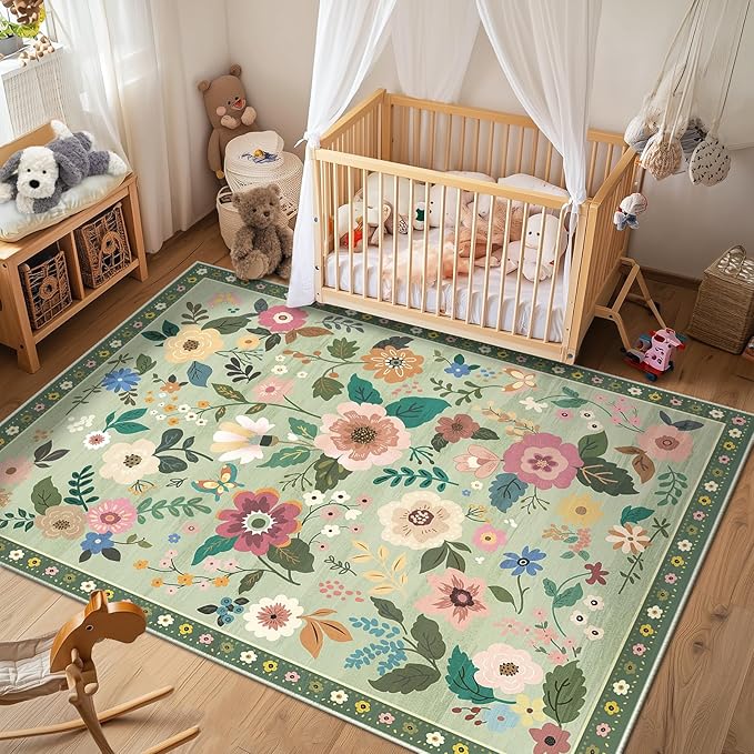 Floral 8x10 Area Rug Machine Washable Soft Print Boho Carpet Non Slip Doormat Low Pile Flower Area Rugs for Living Room Bedroom Nursery Kitchen Dining Room Indoor-Light Green