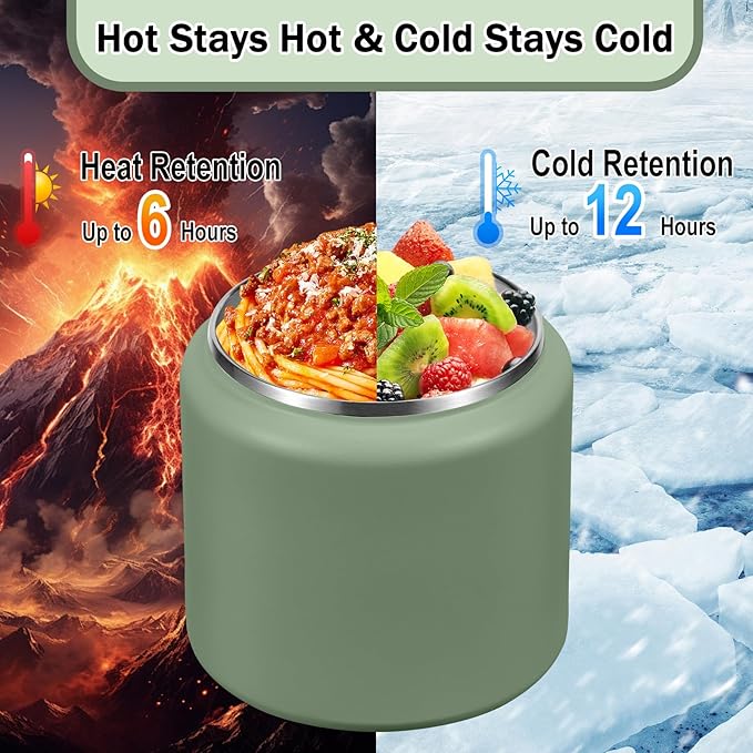 26oz Kids Jar for Hot Food, Insulated Vacuum Food Jar with Buckle Lid, Stainless Steel Wide Mouth Leak Proof Insulated Lunch Container for School Picnic Travel, Green