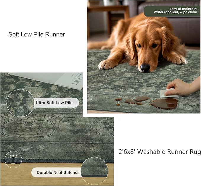 5x7 Washable Area Rug for Living Room, Non Slip Vintage Floral Rugs for Bedroom, Retro Indoor Floor Carpet for Kitchen, Dining Room, Farmhouse, Classroom (Distressed Green)