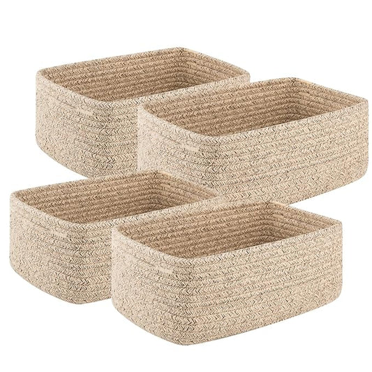 4 Pack Small Storage Shelf Baskets for Organizing, Mini Woven Rope Storage Bins for Towels, Cute Decorative Closet Organizer，Baby Nursery, Gift Empty Baskets -13''Lx8.66''Wx5.11''H-Brown