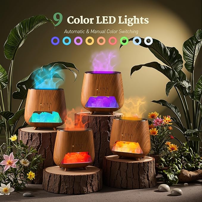 Essential Oil Diffuser for Home: 200ml Aromatherapy Diffuser with Himalayan Pink Salt Rock, Cool Mist Humidifier with Auto Off Function and 9 Colors LED Night Light for Bedroom