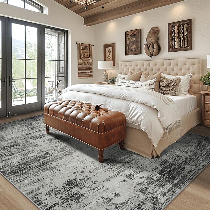 Area Rug 9x12 Washable Rugs: Abstract Large Living Room Rugs with Non-Slip Backing, Stain Resistant Indoor Floor Carpet for Bedroom Dining Room Table Nursery Hallway Home Office-Black/Gray