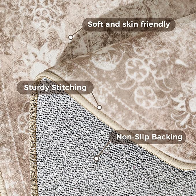 jinchan Round Rug 4ft Area Rug - Brown Vintage Floor Mat Kitchen Indoor - Washable Circle 4' Thin Floral Print Carpet Retro Farmhouse Non Slip Dining Room Living Room Bedroom Office