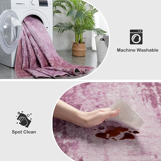 Kelarea Living Room Rug, 6x9 Rug Modern Abstract Washable Rugs Pink Faux Wool Vintage Carpet, Non Slip Rugs for Bedroom, Dining Room, College Dorm, Kids Playroom, Home Office